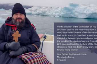 His Grace Macarie in Greenland: “I am wearing on the shoulder the pilgrim’s bag as a Cross of ministry”