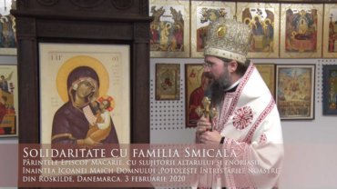 Solidaritate cu familia Smicală. Părintele Episcop Macarie, cu slujitorii altarului și enoriașii, înaintea Icoanei Maicii Domnului „Potolește întristările noastre” din Roskilde, Danemarca. 3 februarie 2020