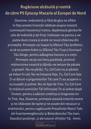 Rugăciune la vreme de molimă alcătuită de către PS Episcop Macarie al Europei de Nord